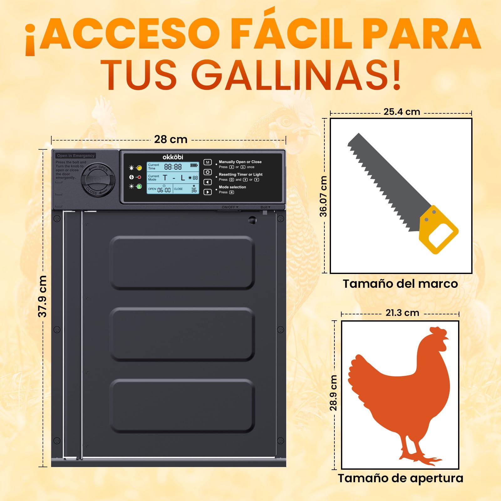 Puerta Gallinero Automatica Solar - Pro Version - Puerta Automatica Gallinero con Mando a Distancia, Sensor de luz y Temporizador - Seguridad: Función Anti-pellizco - Pantalla LCD - 5 años protección