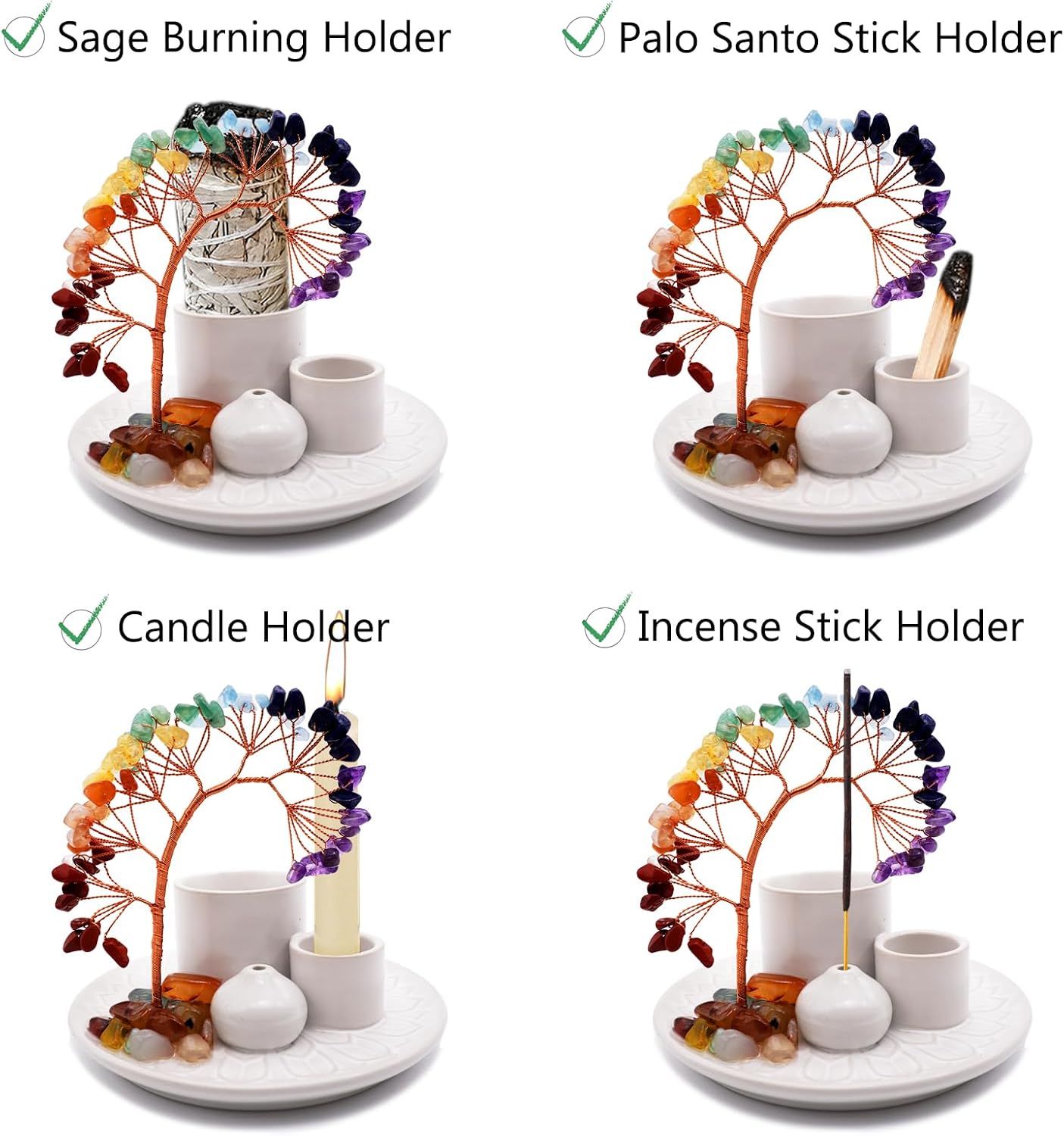 5 in 1 Incense Burner Holder with Crystal Healing Tree, Palo Santo Holder, Sage Holder, Incense Holder for Sticks/Cones/Candles, Ceramic Tray Ash Catcher for Burning Incense, Meditation Gift (White) image 2