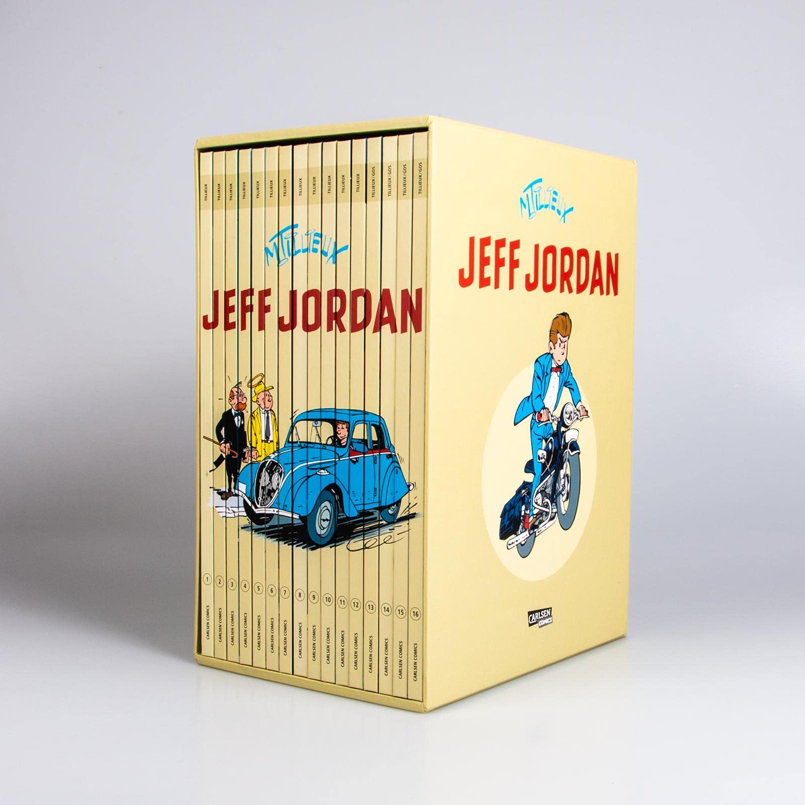 Jeff Jordan-Schuber: Limitierte Gesamtausgabe mit allen 16 Bänden der humorvollen Krimi-Comic-Serie über einen französischen Privatdetektiv der 50er Jahre