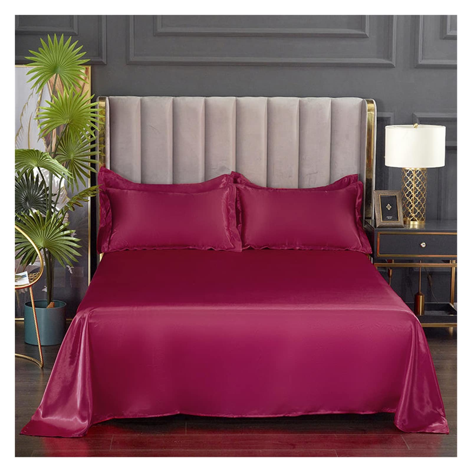 MTKSFDC Silk Bed Sheets 1 pc Bed Sheet for Summer Ice Cool Fabric Top Sheets Satin Smooth Flat Bed Sheet for Double Bedding (no pillowcase)(Jiuhong,2pillowcase18x29inch)