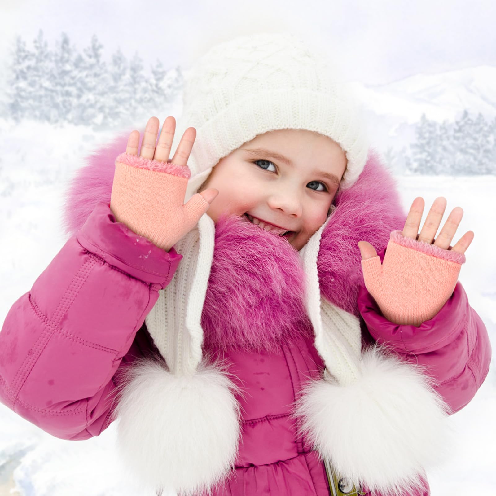 Kiiwah Guantes sin Dedos para Niños, Guantes de Invierno con convertible Flip Top, Cálido Guantes de Punto, Suave Forro de Felpa Medio Dedo Guantes Patrón Lindo para Niños Niñas, 3-8 Años