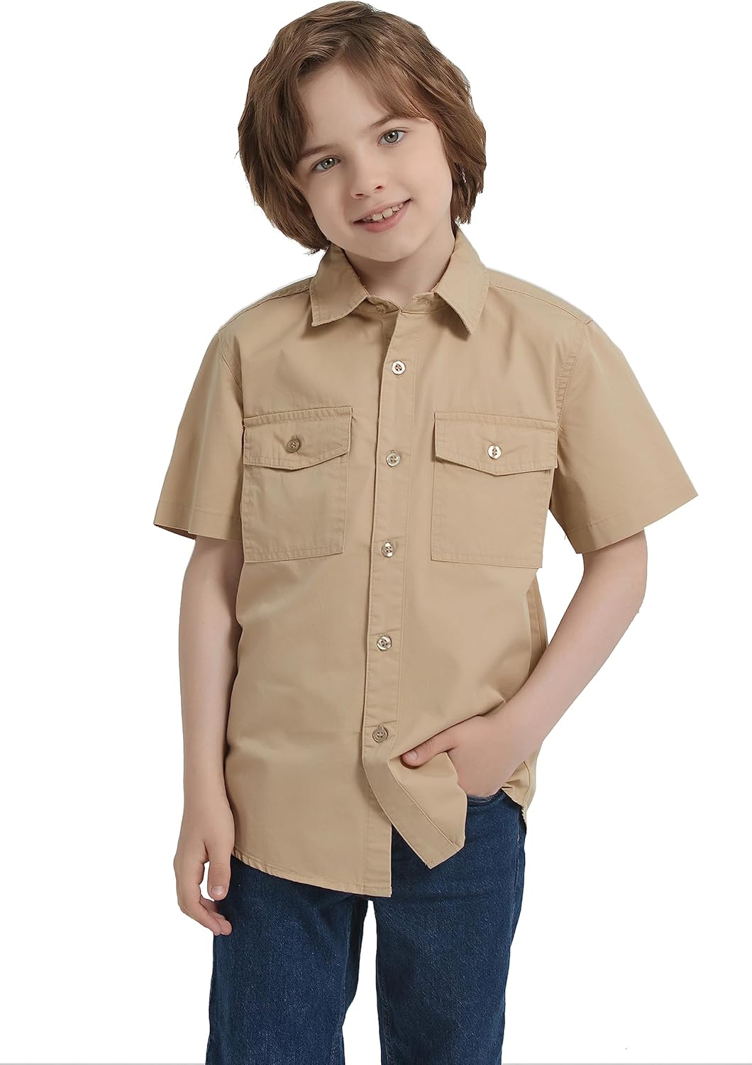 Tronjori Boys Short Sleeve Button Down Casual Woven Shirt Two Pockets - Image 2