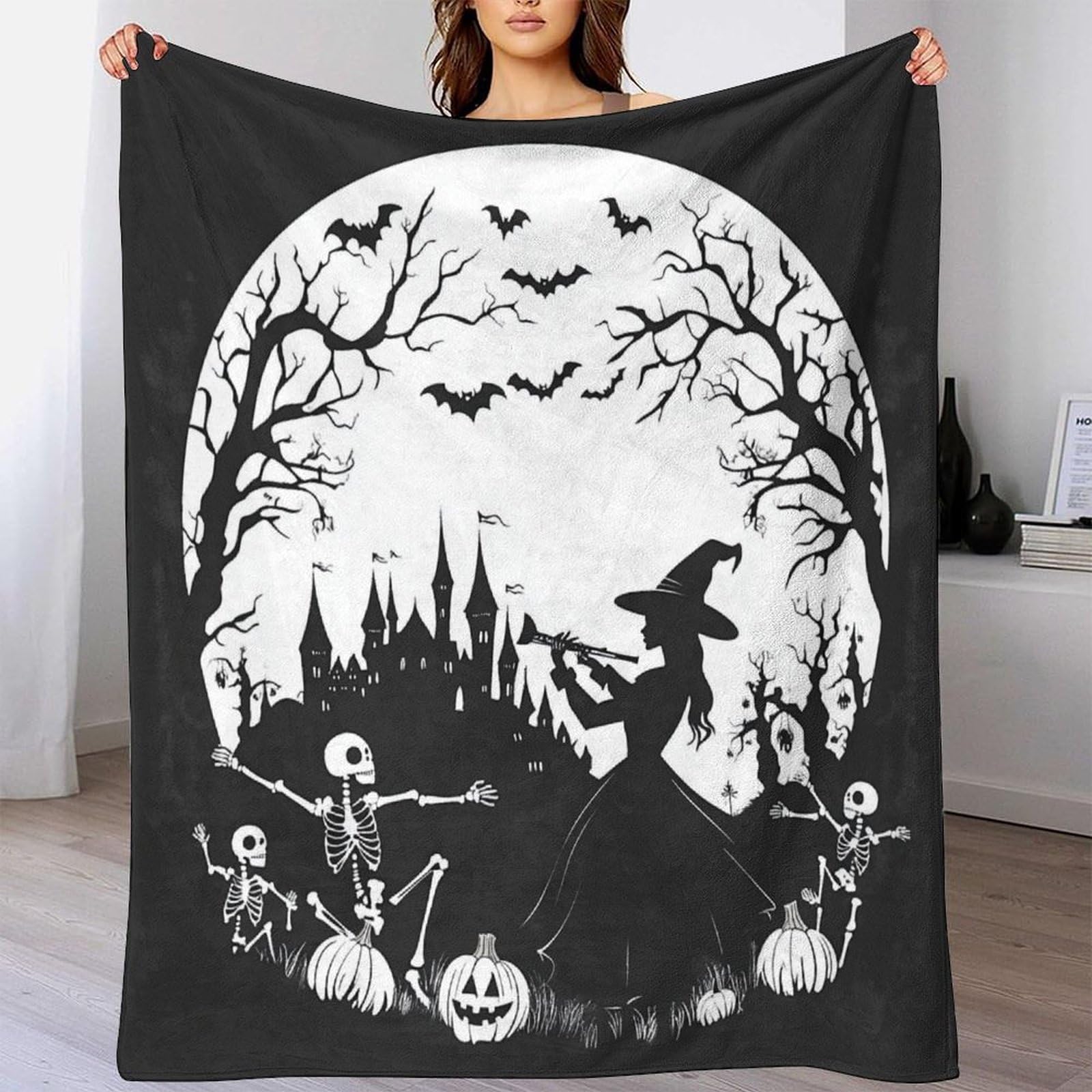 Couverture flanelle squelette et fantôme 3D 127x152 cm pour lit et canapé