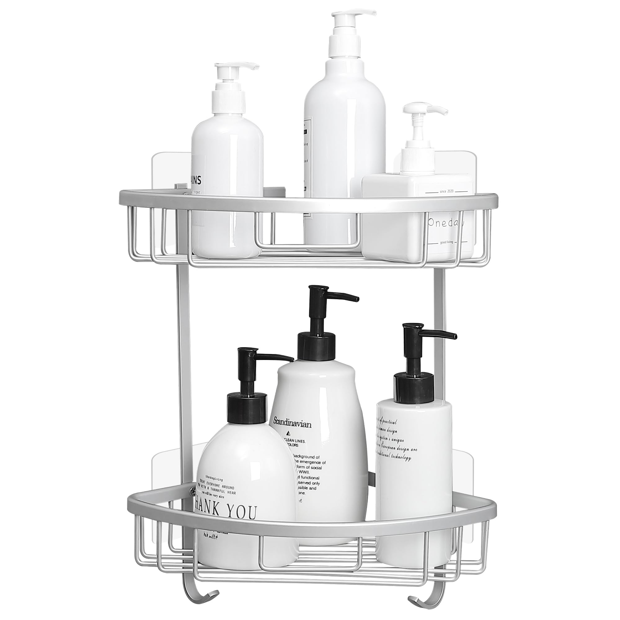 Gricol Silver Shower Caddy No Drilling Shower Corner Shelf With Stickers Shower Organiser Adhesive Shower Basket Metal Rustproof Bathroom Shelves With 2 Hooks 2 Tiers