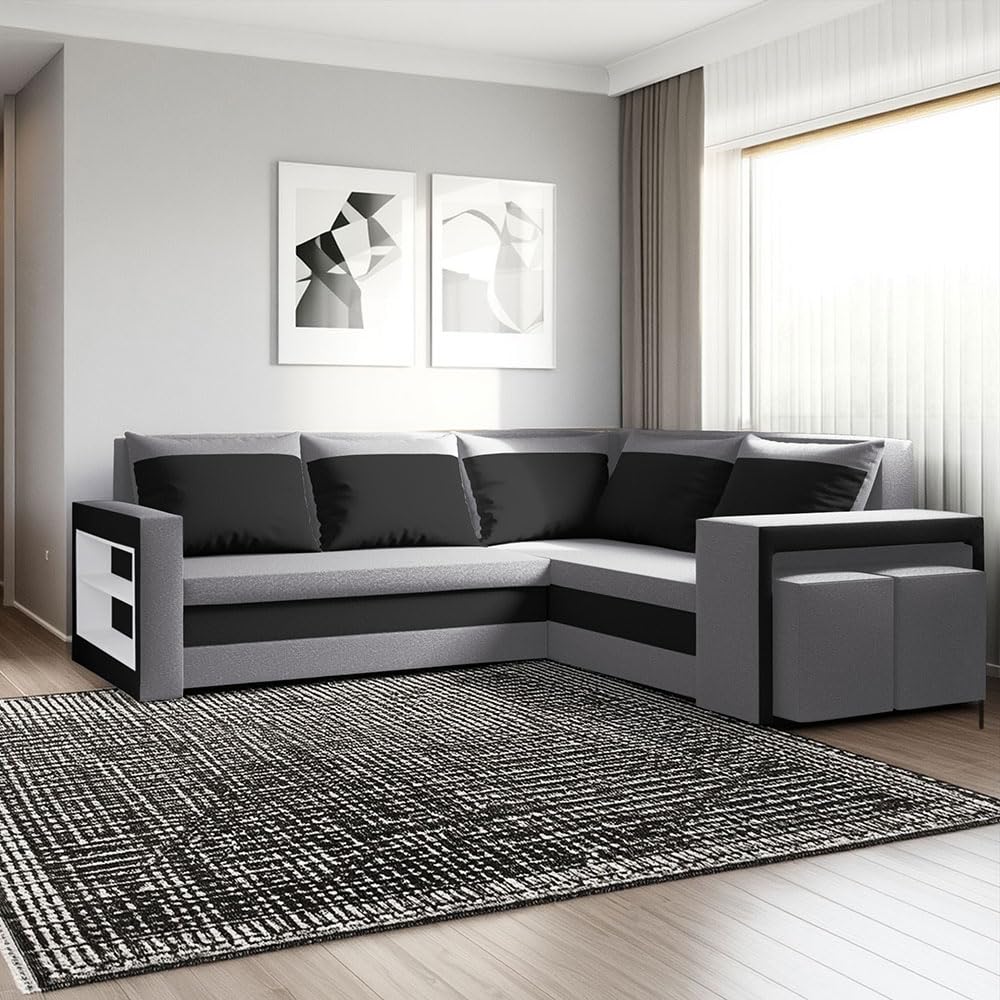 Malabo L Ecksofa mit Schlaffunktion und Bettkasten L-Form 220x202 cm – Sofa mit 2 Hockern, Regal im Seitenteil & Stauraum (Komfort, Grau-Schwarz)