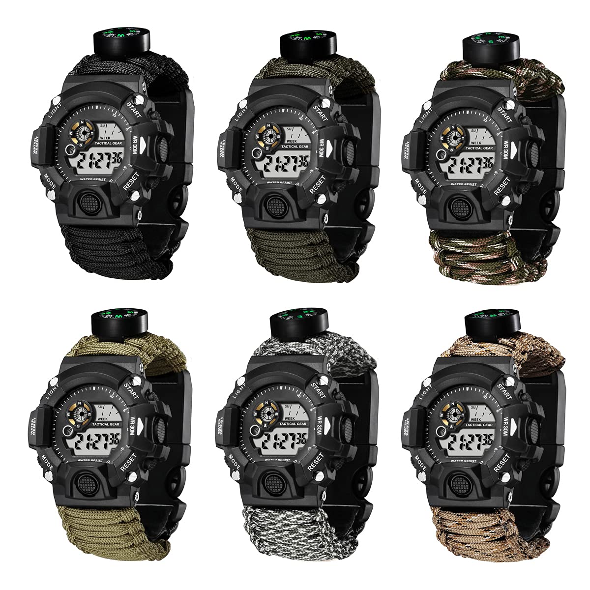 Multifunzione Orologio da Polso da Sopravvivenza All'aperto, Cinturino Impermeabile per Sport di Emergenza con Paracord, Bussola, Termometro, Fischietto, Dispositivo Antincendio, Raschietto