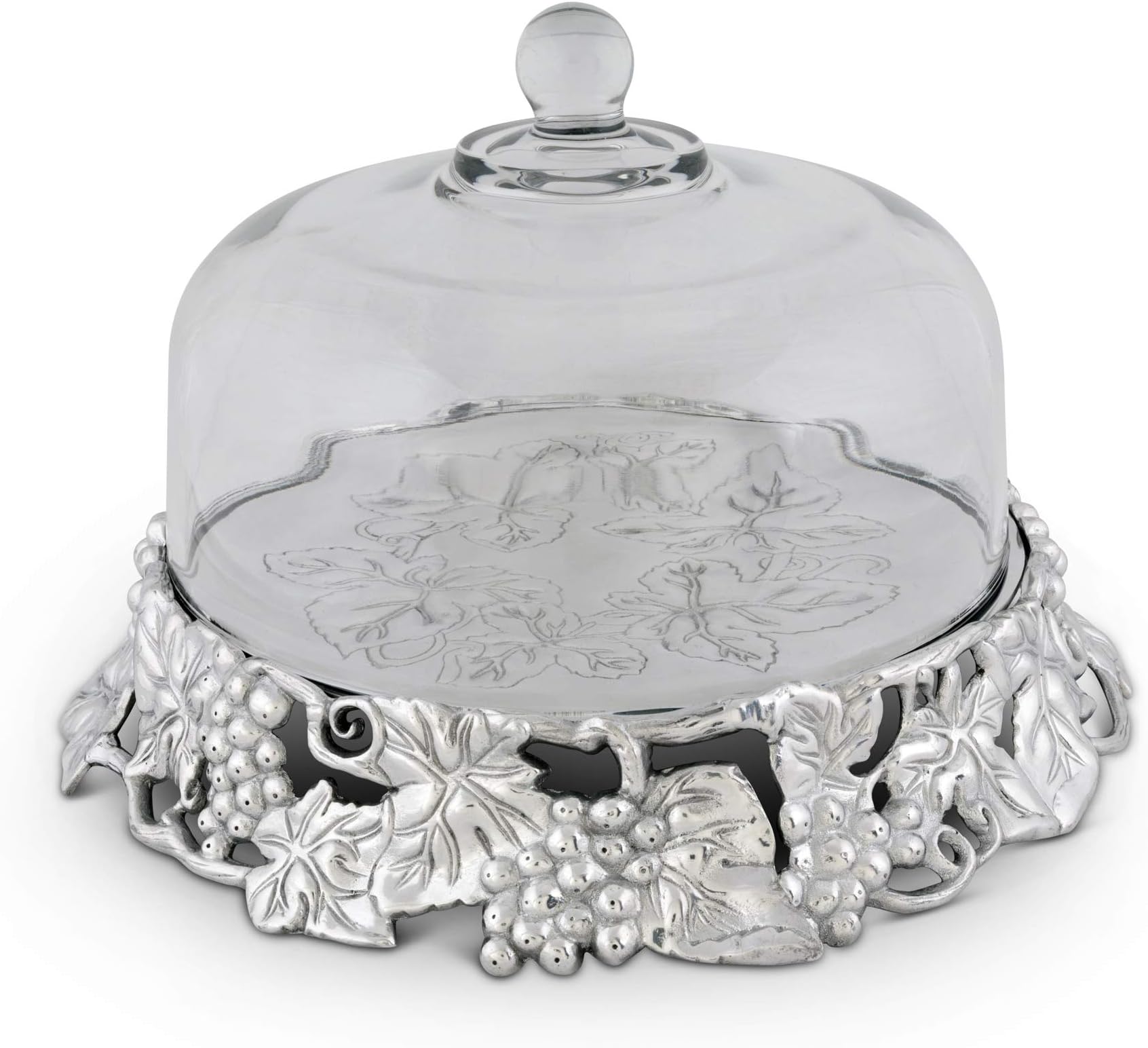 Arthur Court Cake Stand with Glass Dome Grape Pattern Sand Casted Aluminum Stand Artisan Quality Hand Polished Designer Tarnish-Free 14 inch Diameter
