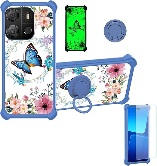 jioeuinly Case for Tecno POP 7 Case Compatible with Tecno POP 7 Phone Case Cover [with Tempered Glass Screen Protector][Ring Support][Luminous Effect] YGL-LHD