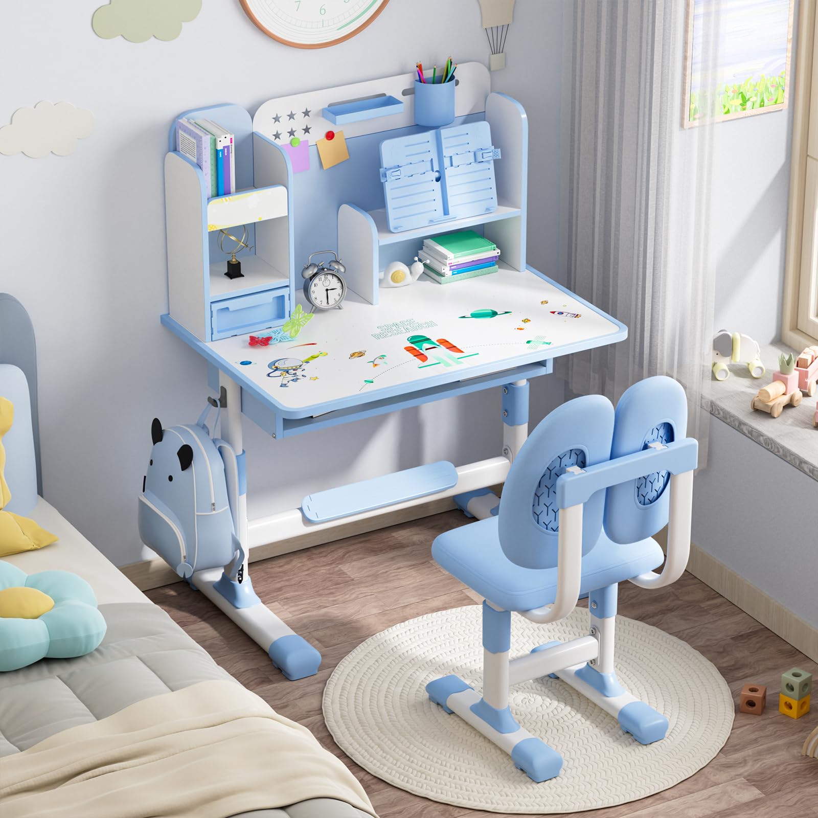 Kinderschreibtisch höhenverstellbar, Kinderschreibtischstuhl, Kinderschreibtisch, Schreibtischstuhl für Kinder, mit Buchständer, Fußpedal, 115 x 80 x 50cm (Blau)