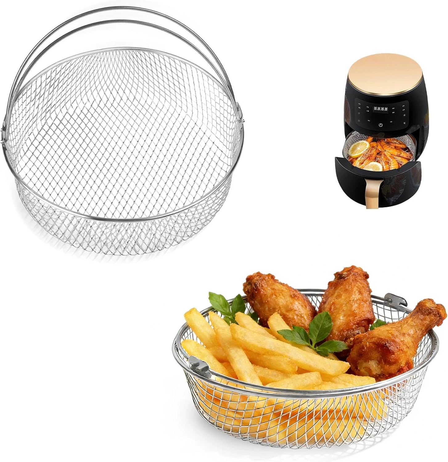 Air Fryer Basket for 8 Quart, Stainless Round Air Fryer Basket with Handle, Mesh Airfryer Baskets Replacement for A Round Countertop Airfryer, 2 Pack
