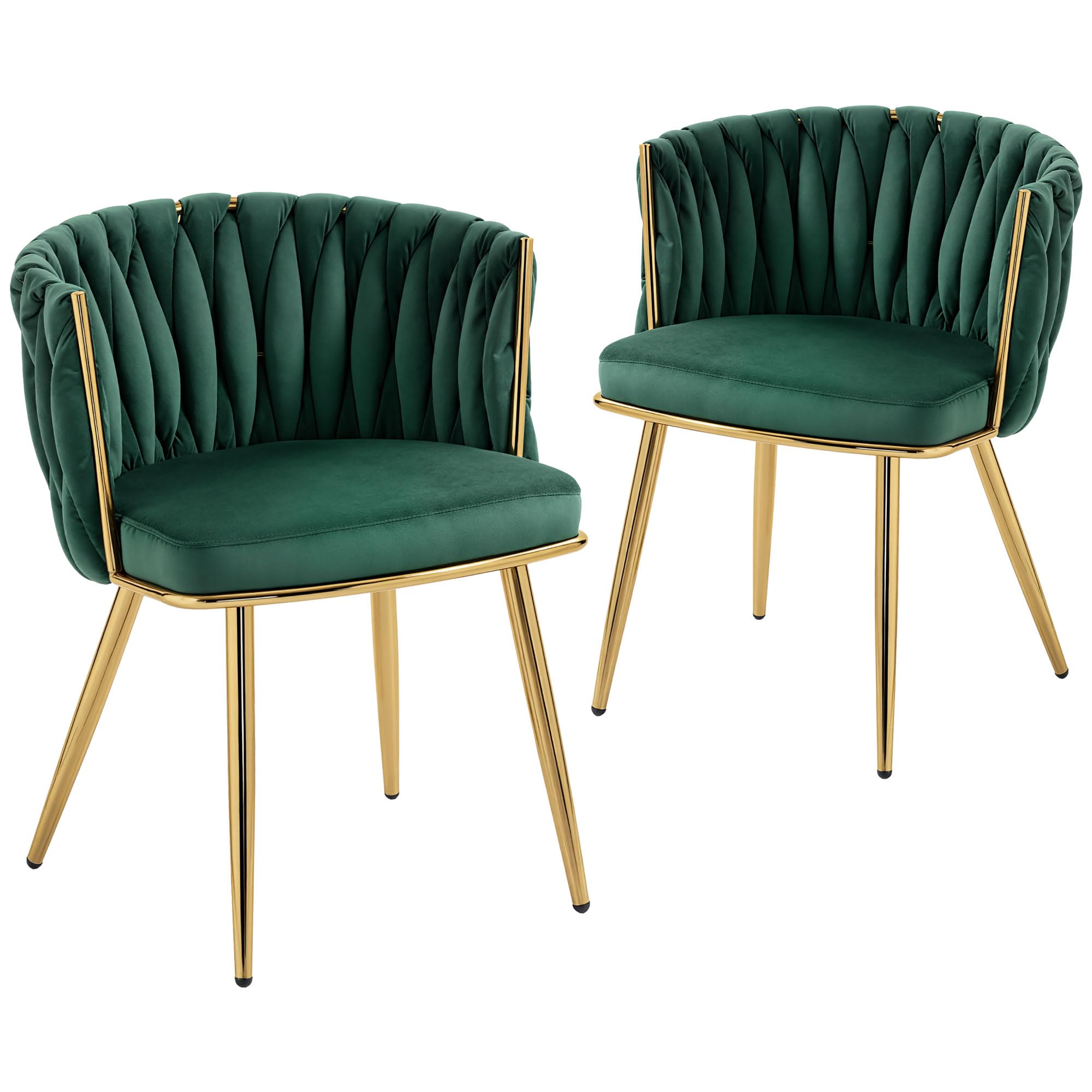 HOMCOM Velvet-Feel Dining Chairs Set of 2, Modern Upholstered Armchair with Knot Design and Golden Metal Legs, Accent Chair for Dining Room, Bedroom, Kitchen, Living Room, Dark Green
