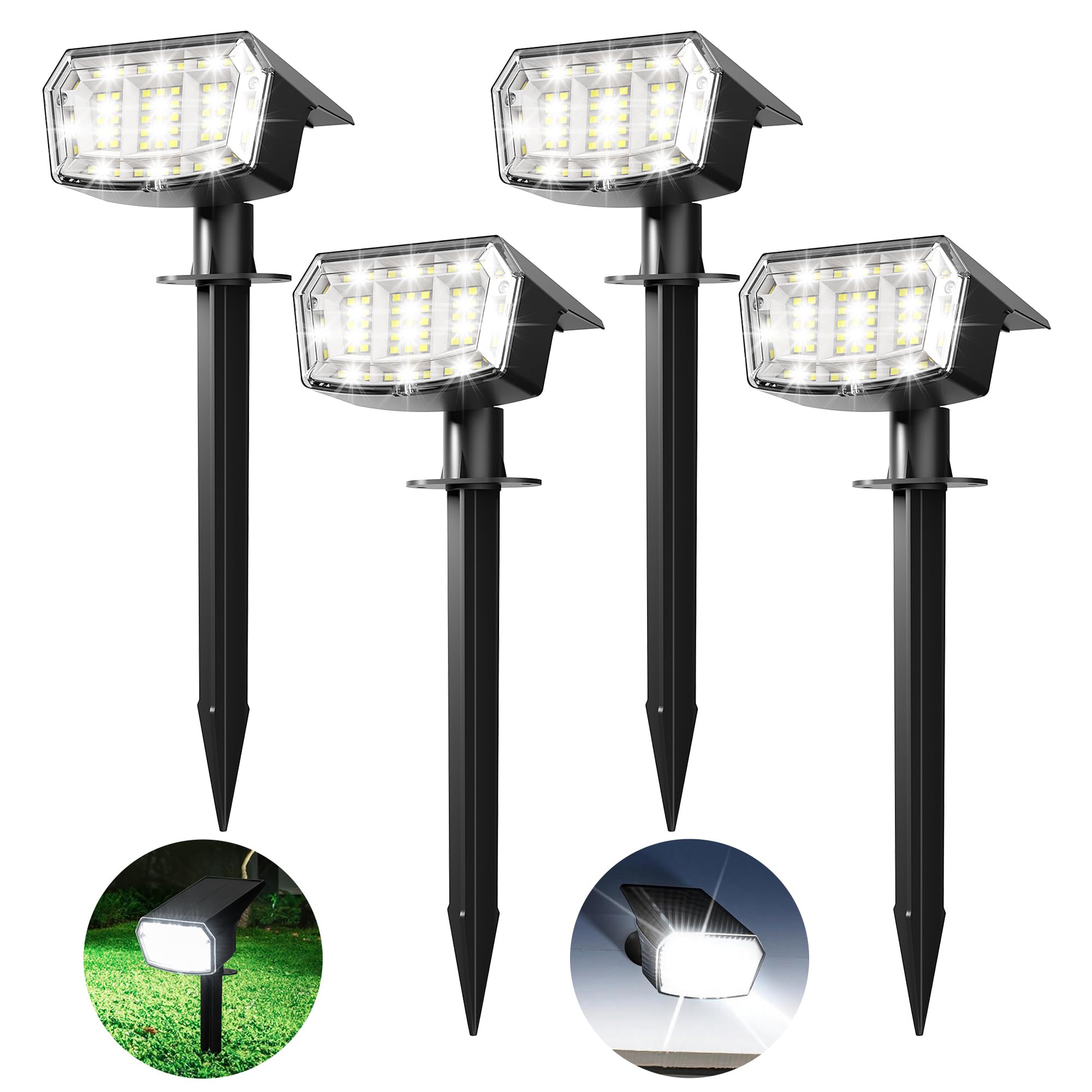 PATIOPIA Solar Spot Lights Outdoor Garden, 63 LED Solar Powered SpotLights, 3 Modes, IP65 Waterproof Garden UpLighters for Yard Pathway Patio Driveway (4 Pack,Cold White)