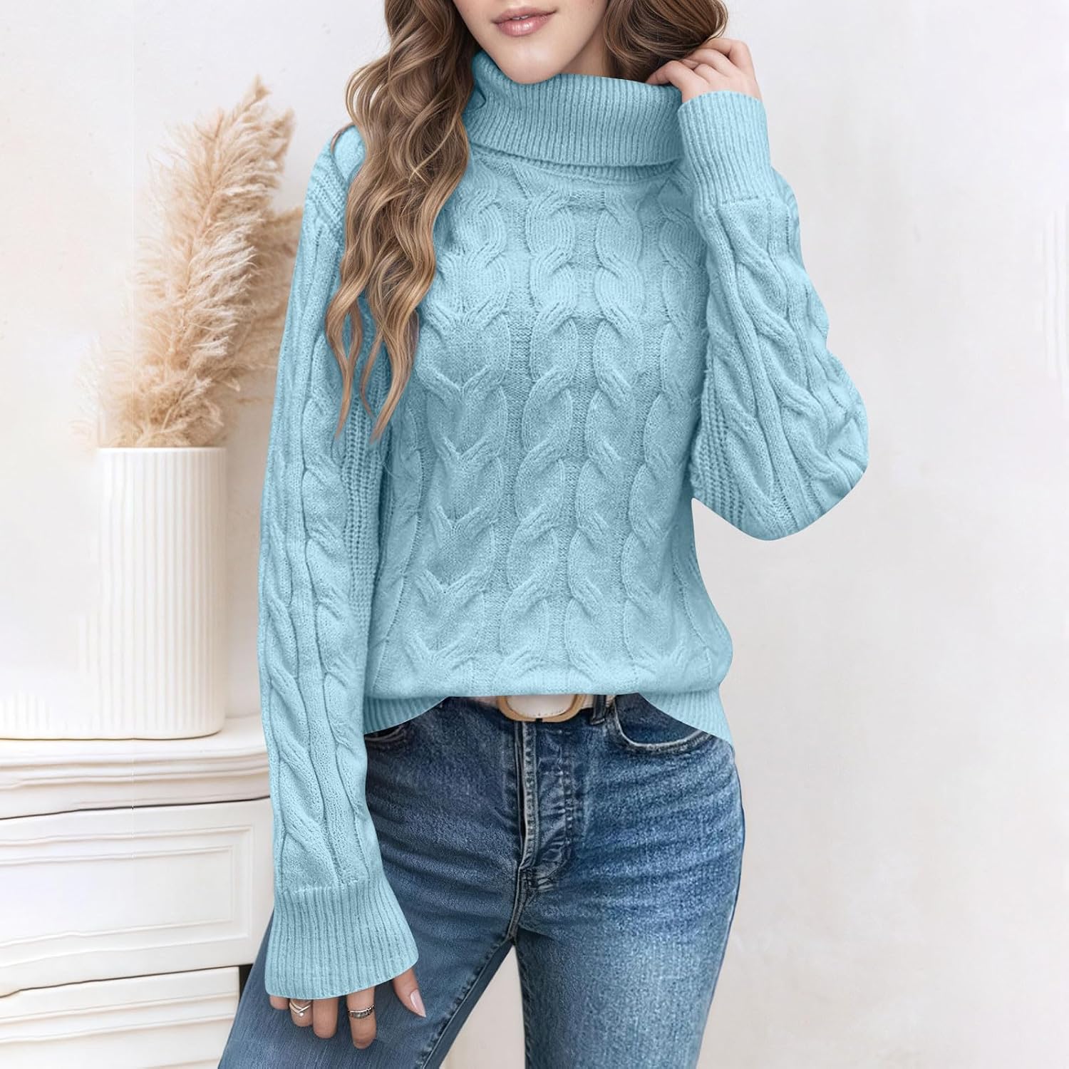 Women's Turtleneck Sweater Fall Winter Long Sleeve Chunky Knitted Trendy Pullover Tops Solid Color Fashion Shirts