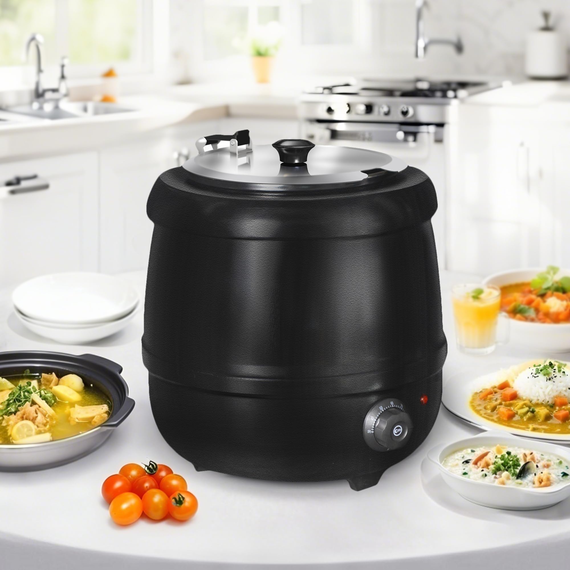 Hakka Marmite à Soupe Électrique10L, Chauffe-Soupe avec Couvercle à Charnière, Marmite Amovible en Acier Inoxydable, Température Réglable de 30 à 85 °C, Pour Restaurant, Buffet et Traiteur.