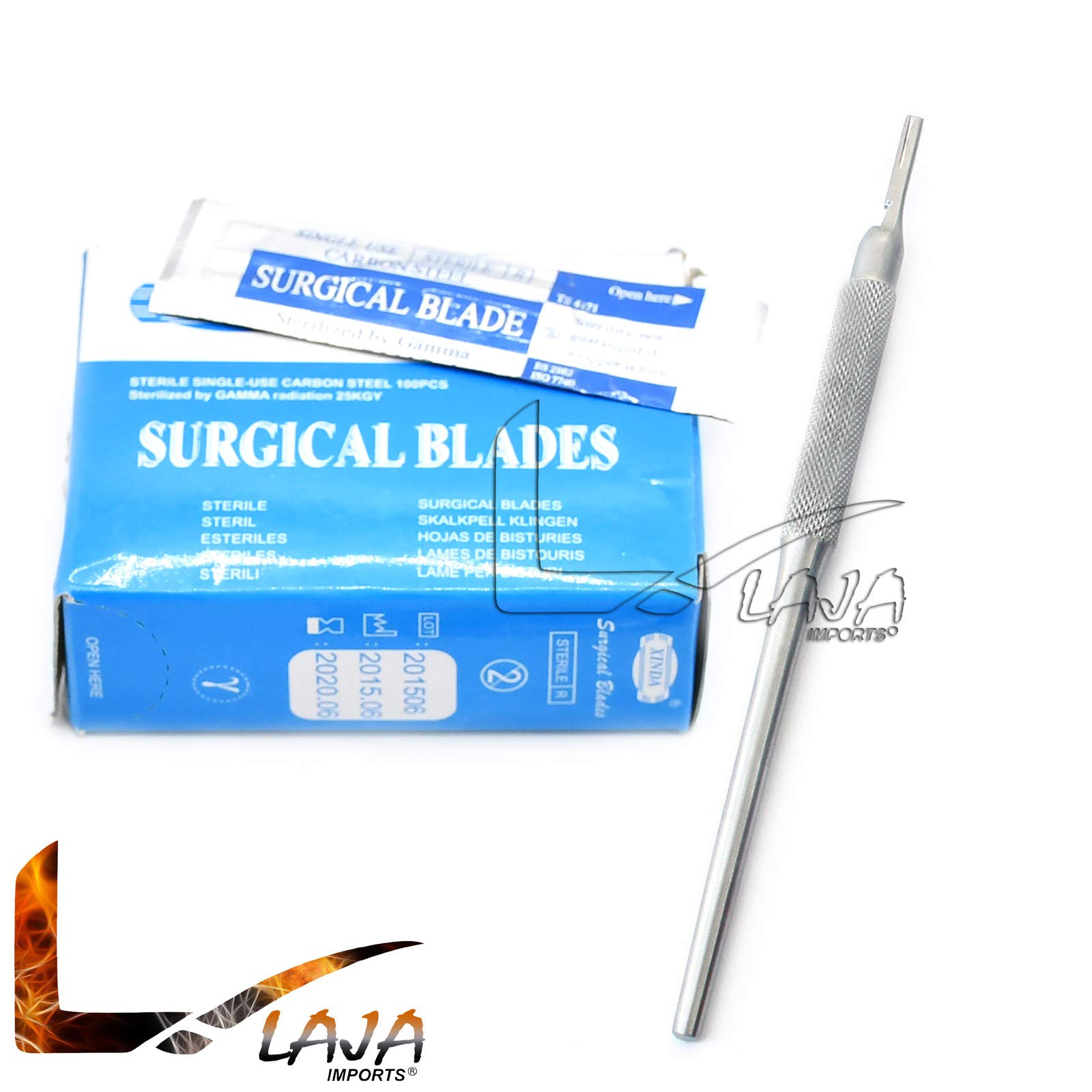 100 Scalpel STERILE Blades #10 with Free Round Scalpel Handle #3 (LAJA IMPORTS Brand)