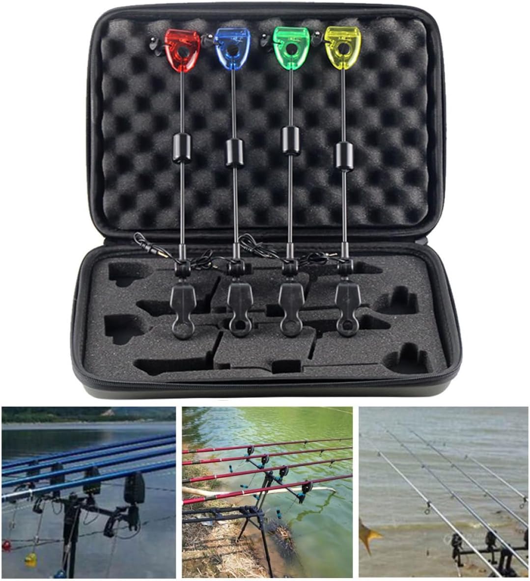 Bite Alarms Carp Fishing 4PCS LED Fishing Bite Alarm with a Carry Box Red Yellow Blue Green Fishing Swingers Bite Indicators Fishing Tackle Accessories 12.99 Inch.