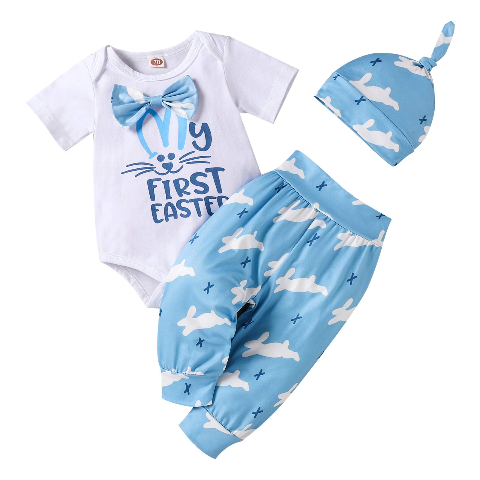 BULINGNA 3Pcs/Set Infant Baby Boy Girl My 1st Easter Bodysuit Romper+Bunny Pants+Hat Easter Outfit (Blue, 6-9 Months)