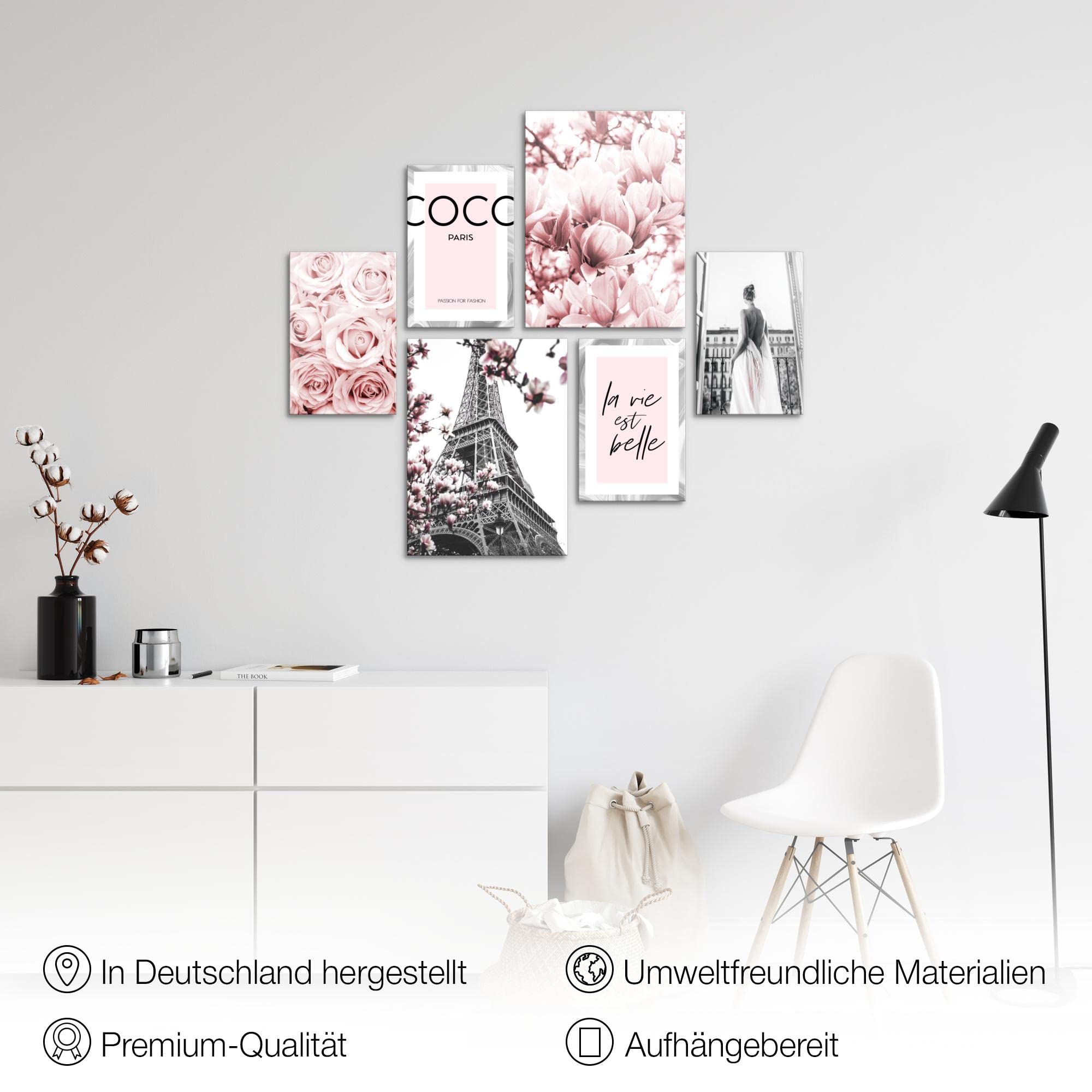 Novart Wandbilder Set Fashion Coco Grau Rosa - KEIN EXTRA RAHMEN BENÖTIGT - Modern Deko - Wohnzimmer Mädchen Teenager N002463a