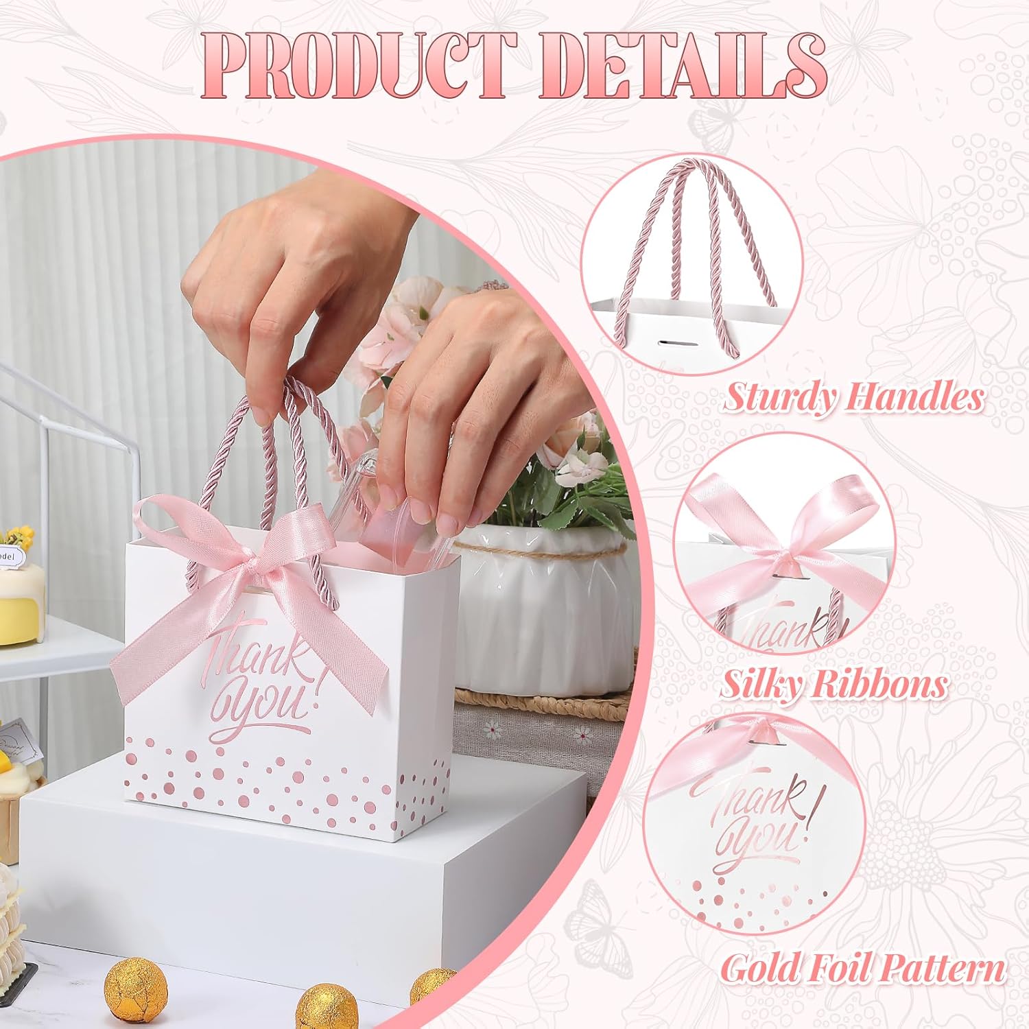 EQOREIIN Small Thank You Gift Bags 50pcs 5.5x2.5x4.7 Inches Mini Gift Bags with Handles Bow Ribbon Tiny Paper Bag for Party Favor, Mother's Day，Valentine's Day, Wedding, Baby Shower (Purple)