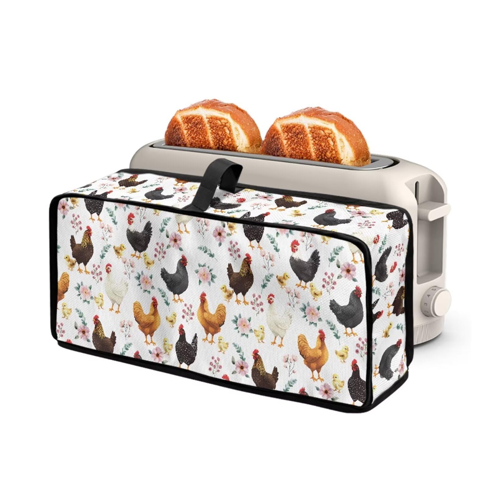 Thin Toaster Cover Floral Rooster White Universal Fit 2 Slice Long Slot Toaster Bread Maker Oven Dust Cover with Top Handle Keep Kitchen Small Appliance Clean and Tidy