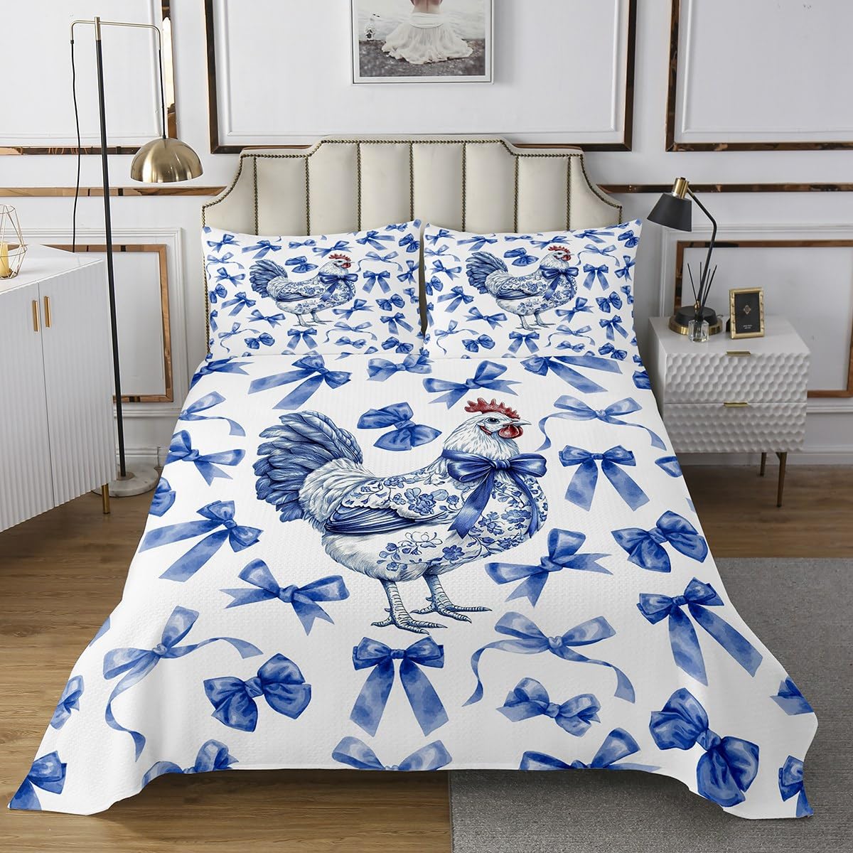 jejeloiu Chicken Quilted Coverlet King Size Blue Bow Coverlet Set for Boys Girls Children Bowknot Animals Blue White Bedspread Room Decor