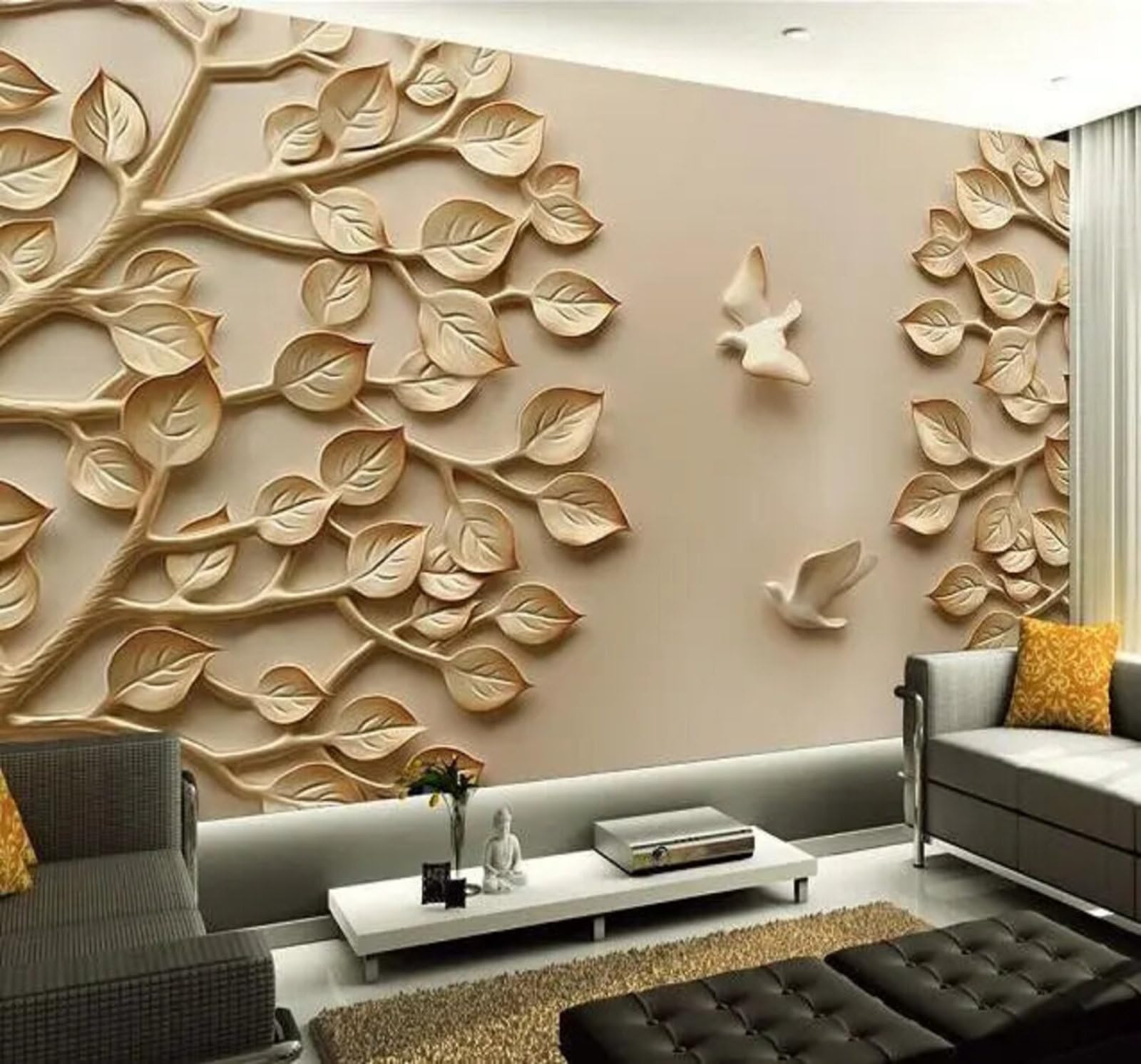 Tzxztt Relief Three Dimensional Minimalist Leaves Pigeons Modern 3D Wallpaper Premium Textured Silk Neutral Tones Material Ideal for Living Room Bedroom-350cm×256cm