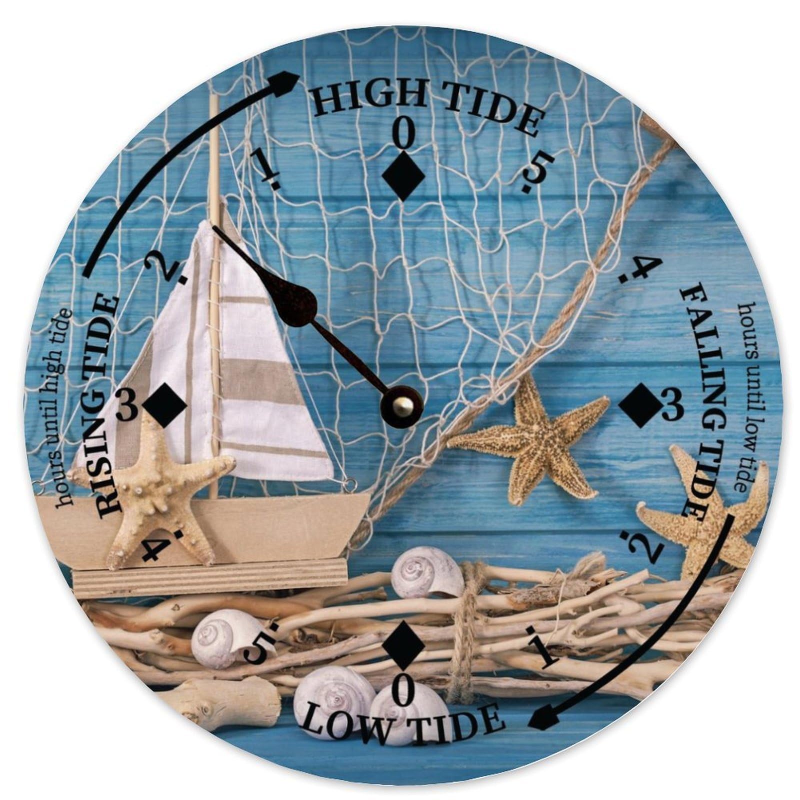 Wall Tide Clock Moon Tidal Timer Beach And Shell Atlantic Ocean Time Coastal Wood Clock with High And Low Tide Nautical Tide Movement Clock Wall DΓ©cor for Beach House Kitchen Summer Decor 10 Inch