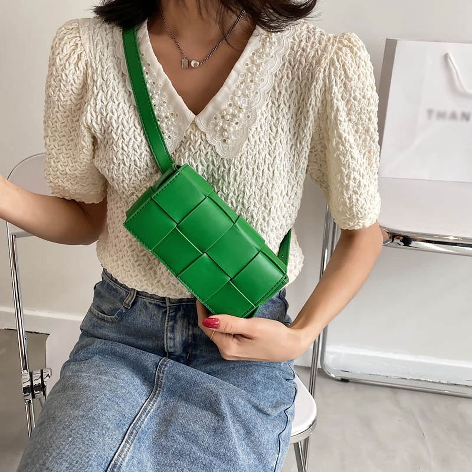 Nerka z klapką, regulowana torebka damska, torba na klatkę piersiową, torba typu crossbody, skóra PU, tkana, pasek na talię (żółta)