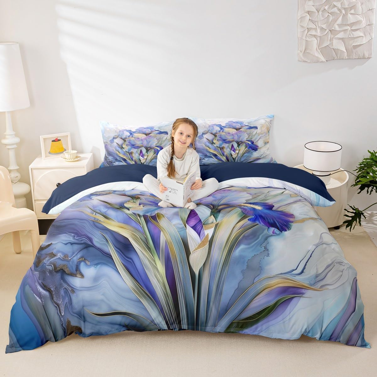 Erosebridal Blue Purple Floral Duvet Cover Queen Elegant Abstract Marble Bedding Set for Kids Teens | Spring Iris Flowers Bedspread Cover Marbling Aesthetic Botanical Bed Set with 2 Pillowcases