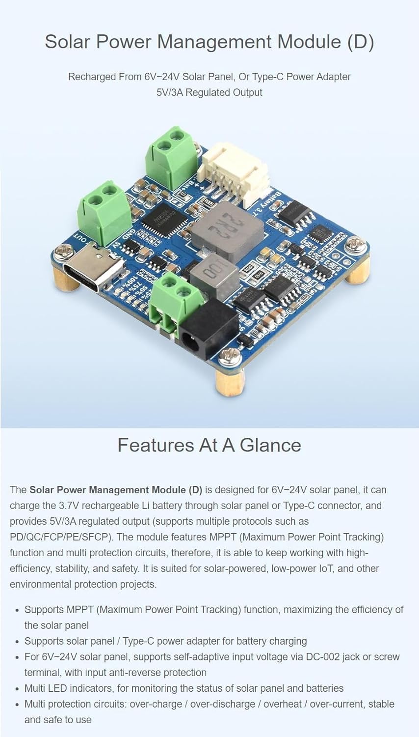 Solar Power Manager Module (D), Supports 6V~24V Solar Panel and Type-C Power Adapter, 5V/3A Regulated Output, Includes Battery Holder, Batteries are Not Included (Solar Power Manager (D) Acce A)