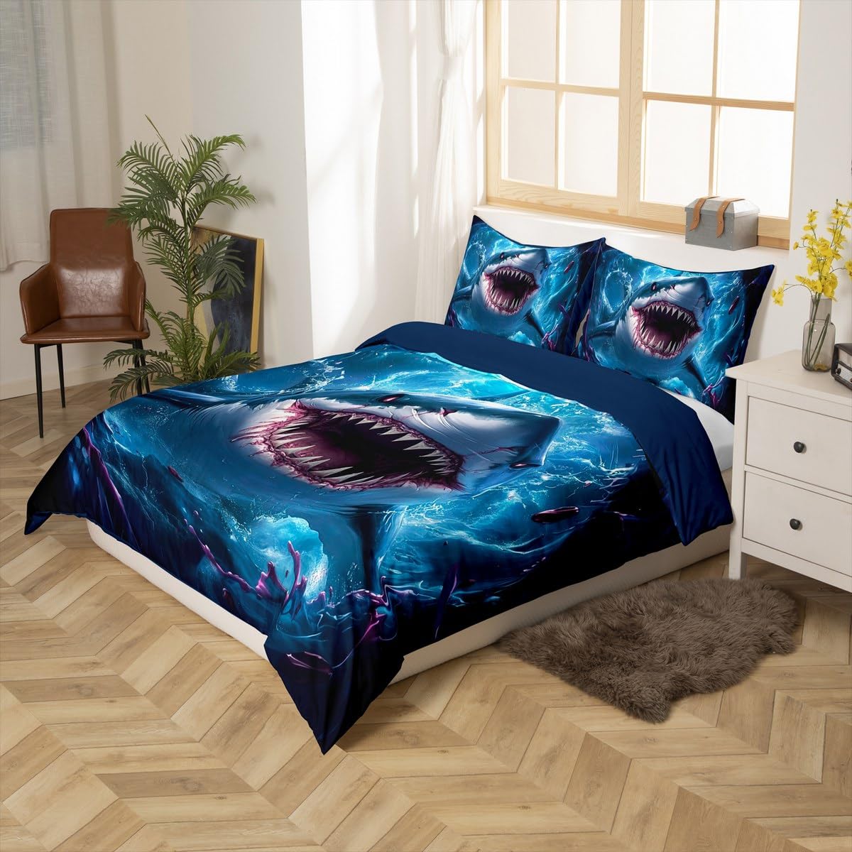 jejeloiu Shark Comforter Cover Toddler Kids Ocean Wave Marine Life Sealife Bedding Set for Boys Girls Teens Summer Sea Creatures Animal Duvet Cover Room Decor?No Comforter