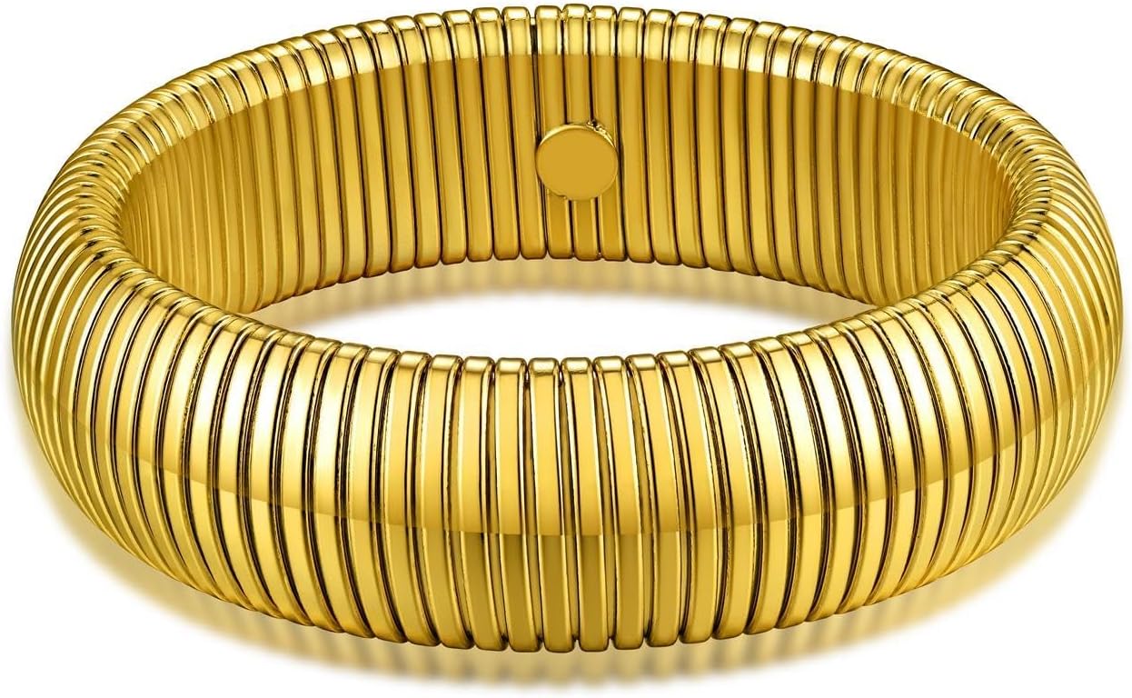 KeyStyle Bangle Bracelets for Women, Stainless Steel Stretch Bracelet Flexible Wide Link Chain Gold Wristband GoldChic Twisted Jewelry, 10mm, 16mm, 20mm
