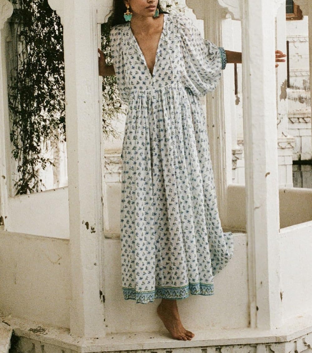 Women Boho Maxi Dress Floral Puff Sleeve V Neck Loose Flowy Long Dress Bohemian Beach Sundress - Image 3