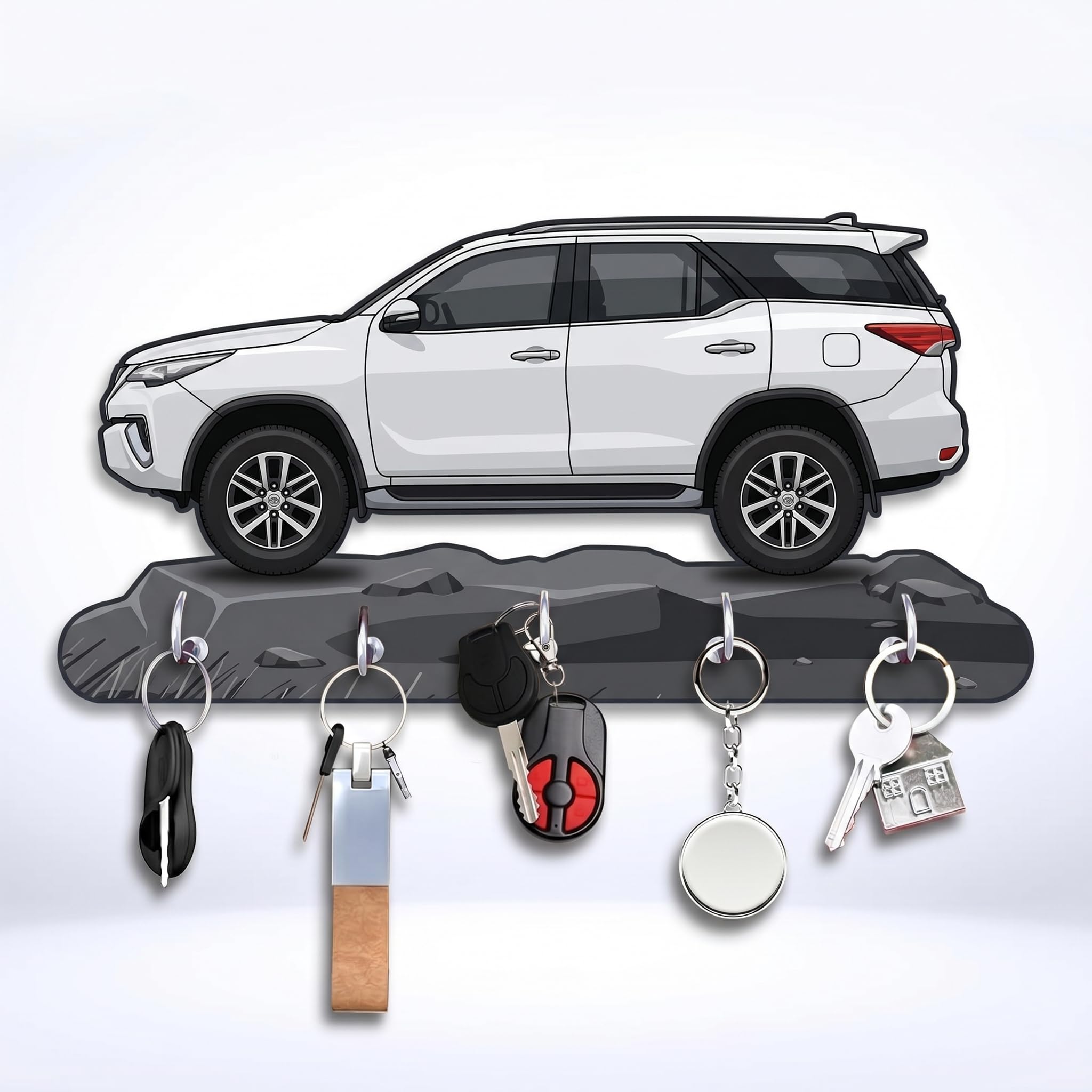 Car Key Holder for Wall MDF Wooden Key Stand | Stylish Fortuner Design Wall Decor Key Rack with 5 Hooks | Key Hanger for Home Entrance, Living Room, Office (White)-image-26