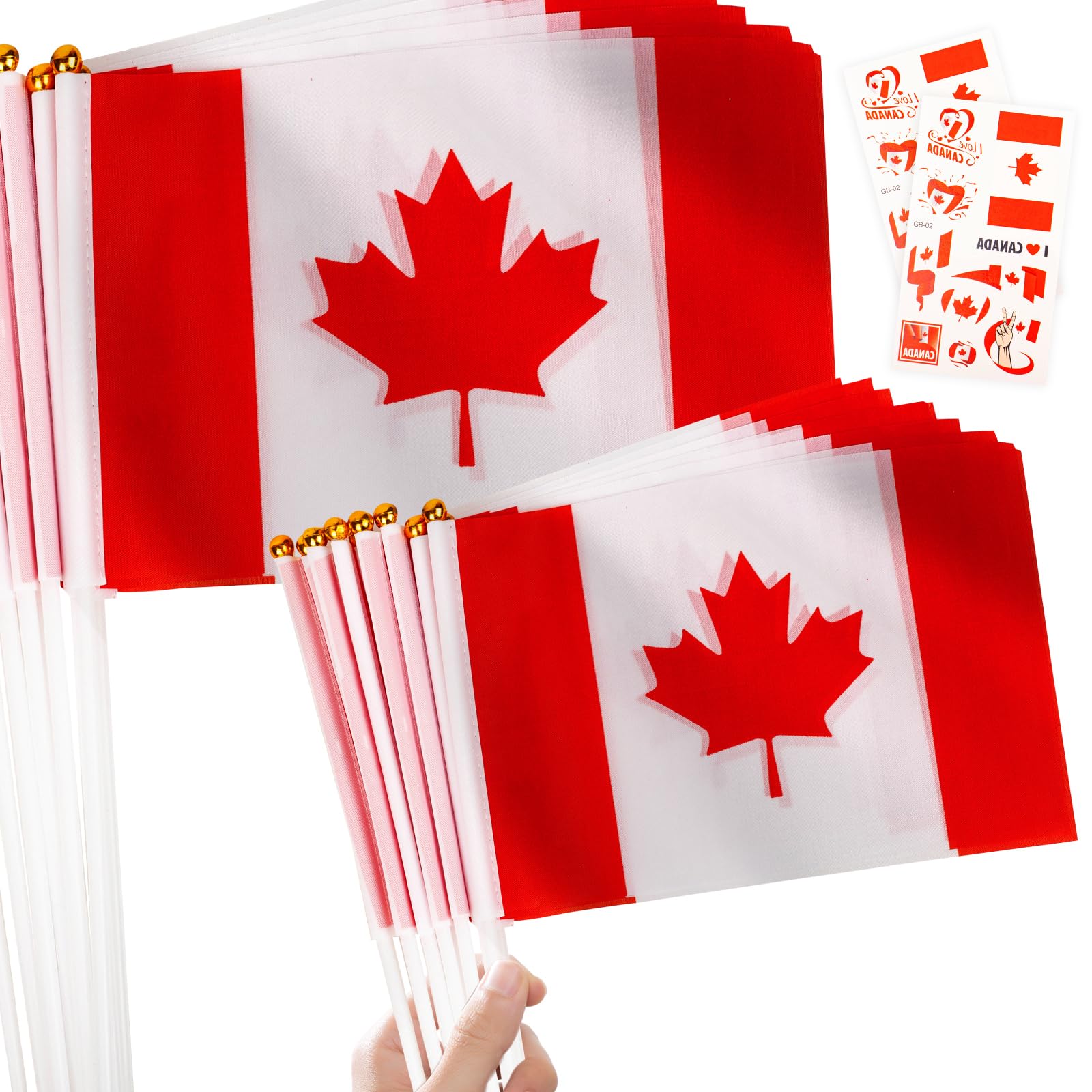 10pcs Mini Canada Flags on Sticks & 2pcs Tattoos, Small Canadian Flag Canadian Decorations Hand Held Flags for World Cup 2026 Football Sports Events Party Decoration, Double-Sided Canada Flag