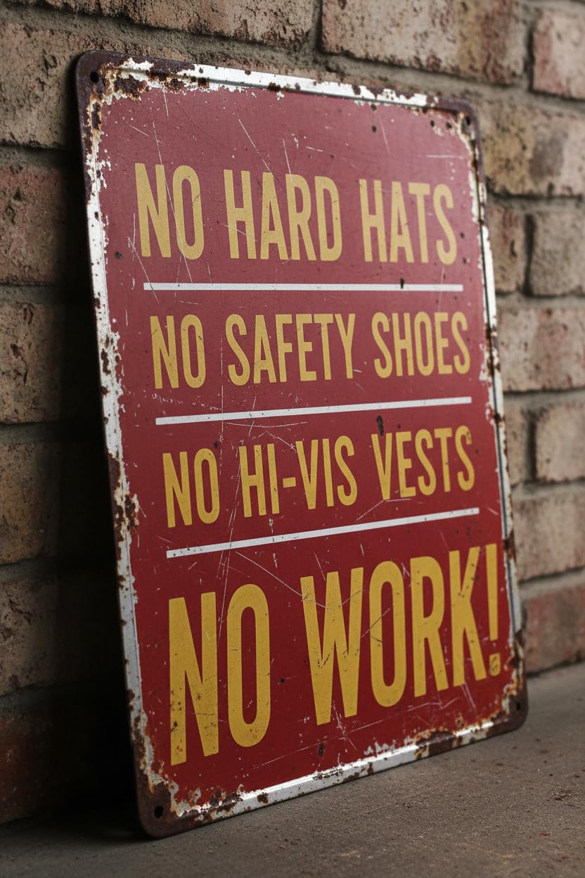 No Hard Hats No Safety Shoes Tin Sign, 8x12 Inch
