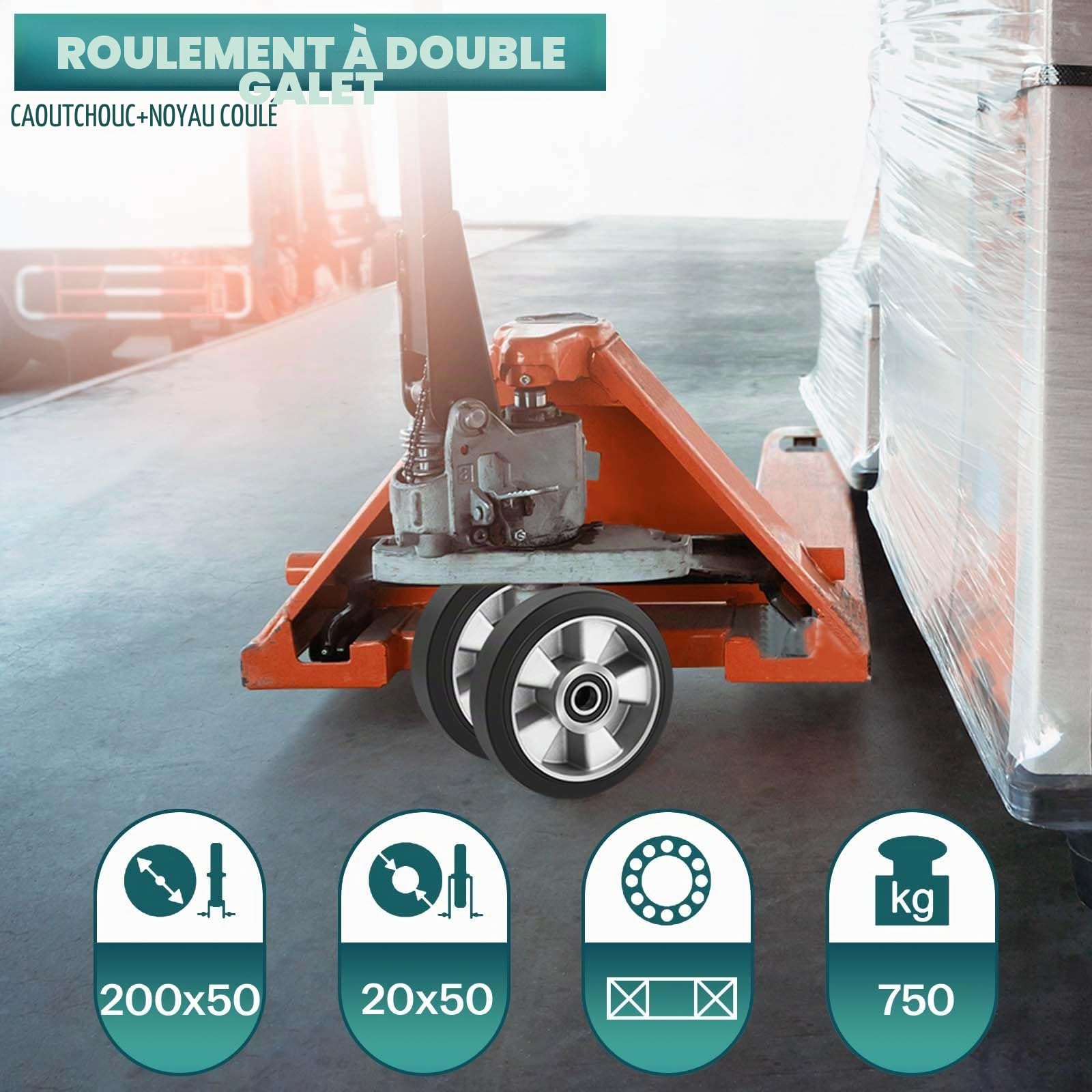 Lot de 2 roulettes de chariot élévateur en caoutchouc 200 x 50 mm, max. 1500 kg par roulettes, avec roulement à billes pour chariot élévateur, axe 20 mm, pour transpalette, élévateur de rechange