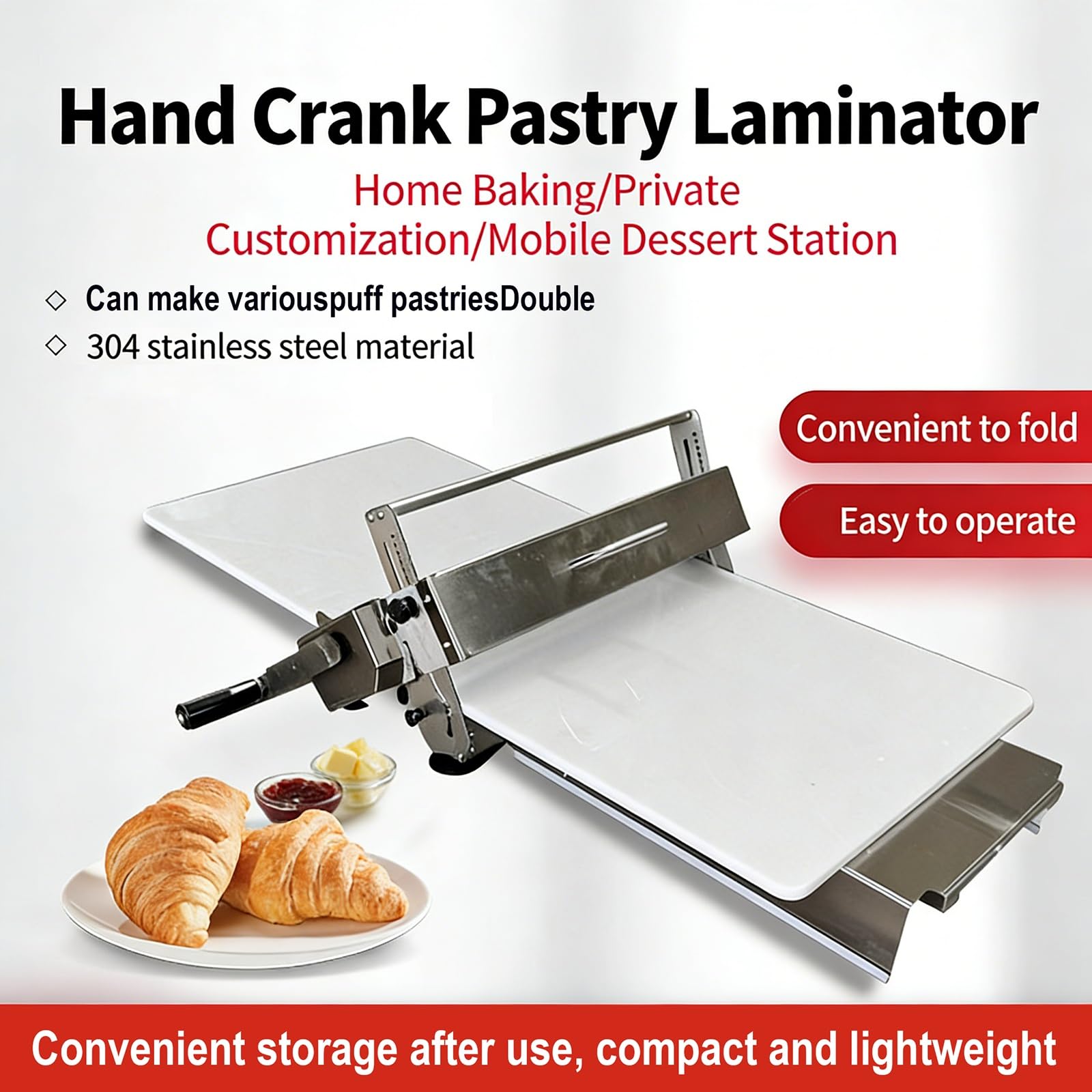 Sfogliatrice professionale in acciaio inox regolazione precisa dello spessore sfogliatrice elettrica pieghevole rulli avanti e indietro per croissant piccoli panifici(Manual)