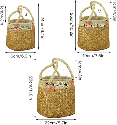 Miniatura 6 de JUOPZKENN Cestas tejidas, cesta de mimbre para plantas con asa, cesta de almacenamiento tejida de algas marinas, cestas de lavandería para ropa,