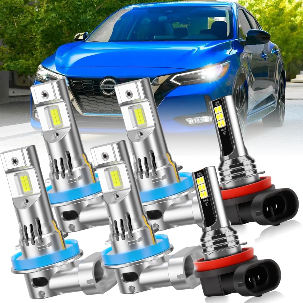LED Headlight Bulb Kit for Nissan Sentra 2013-2023, H9/H11 High Beam, H11 Low Beam and Fog Light, 6000K White, 6-Piece Set