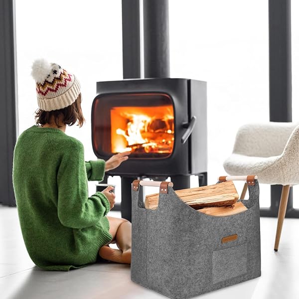 Leñero interior XL cesta de fieltro de fieltro extra grueso y asa reforzada | Cesta leña plegable bolsa de fieltro para la compra, leña, periódico o leña(gris tórtola) - 5