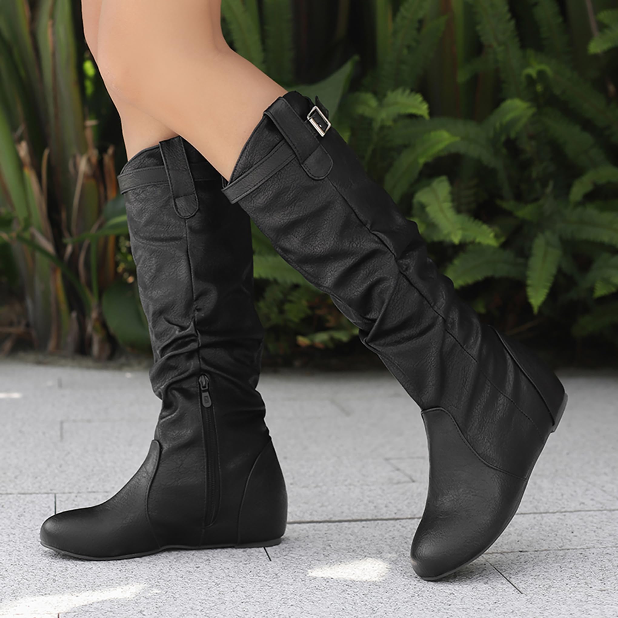 Bviennic Botas Rodilla Mujer Mid Tacón de Cuña Casual Punta Rojoonda Zip Slouch 2593, Talla 34-48