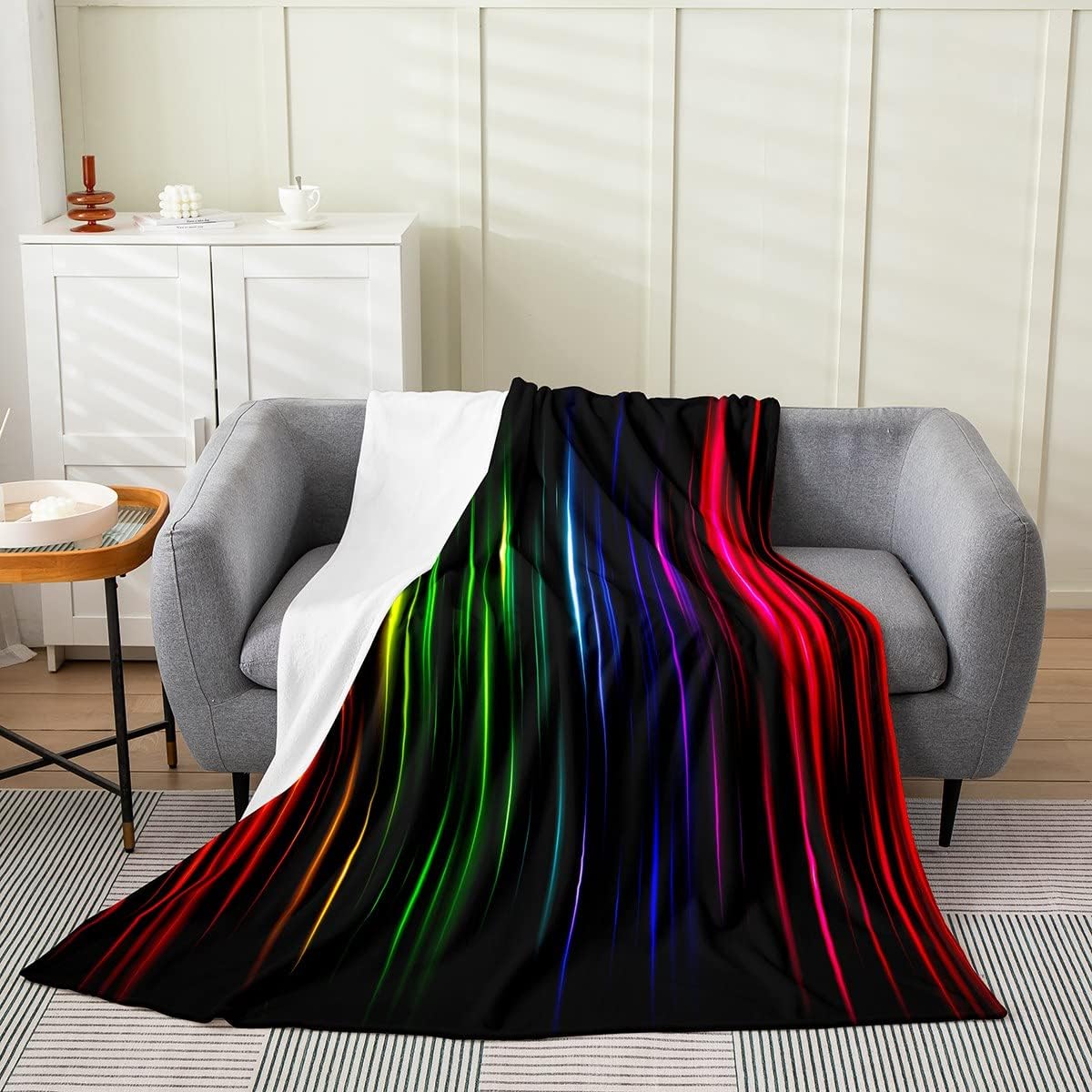 Ombre Striped Blanket Twin Size, Rainbow Stripes Throw Blanket for Boys Girls, Geometric Stripe Flannel Blanket for Bed Sofa Couch, Modern Pastel Texture Soft Cozy Plush Bed Blanket Bedroom Decor