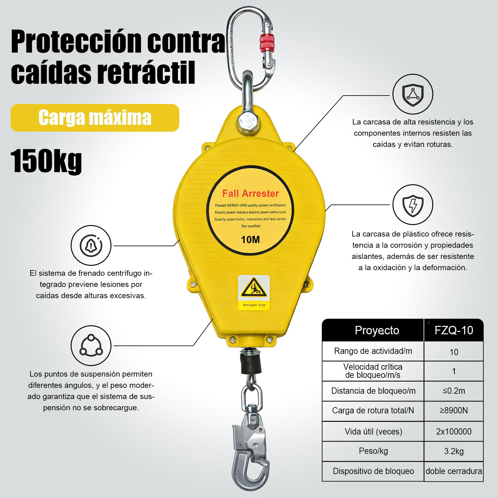 Dispositivo Anticaídas Retráctil, Equipo De Seguridad Para Trabajos En Altura Con Línea De Vida Retráctil 10/15/20 m, Ideal Para Mantenimiento Y Escalada(Amarillo,10m)