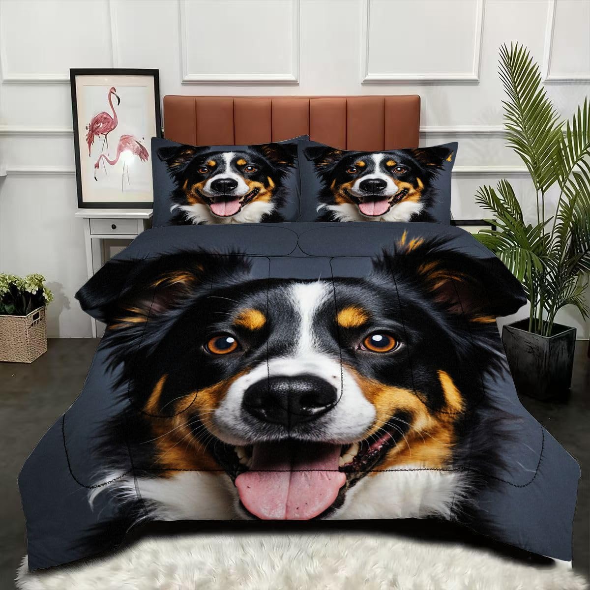 Couette 240x260 cm motif chien avec 2 taies d'oreiller en microfibre pour lit 2 personnes