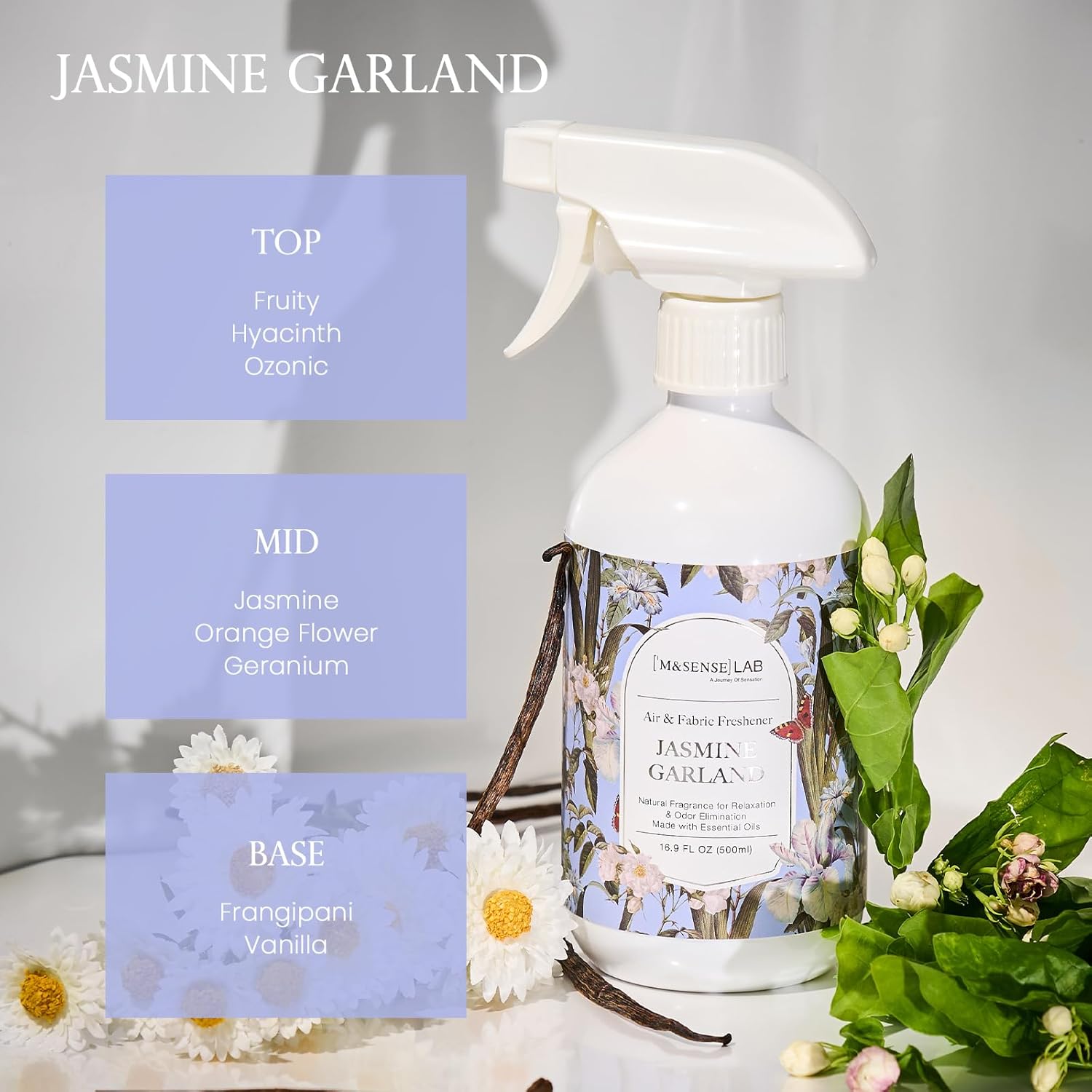 M&SENSE Jasmine Garland Scent Bundle - Reed Diffuser Oil Refill 16.9oz with 10 Sticks & Odor Eliminator Spray Natural Essential Oil Home Spa Office Pet Smoke Musty Smell Remover
