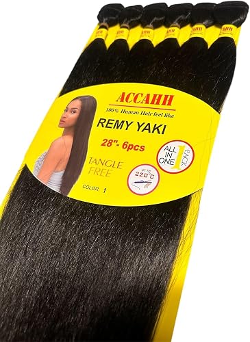 ACCAHH Remy Yaki Hair Extensions 28 Inch – 6 Pack Bundle – Tangle-Free Synthetic Weave Hair – Colour 1 (Natural Black)
