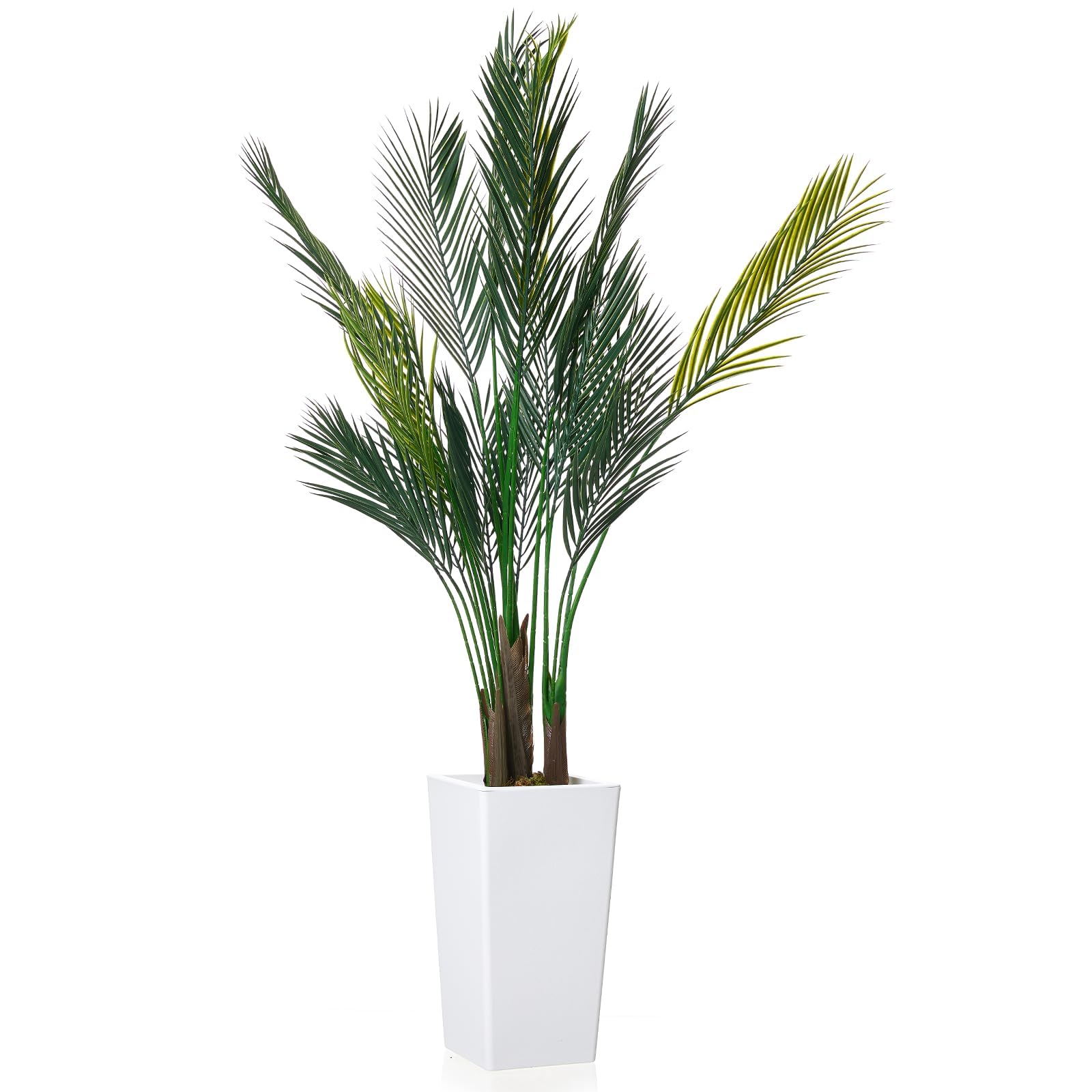 Plante Artificielle Feuillage Vert, Palmier Tropical 152cm, Pot Blanc Haut, Décoration Intérieur Extérieur