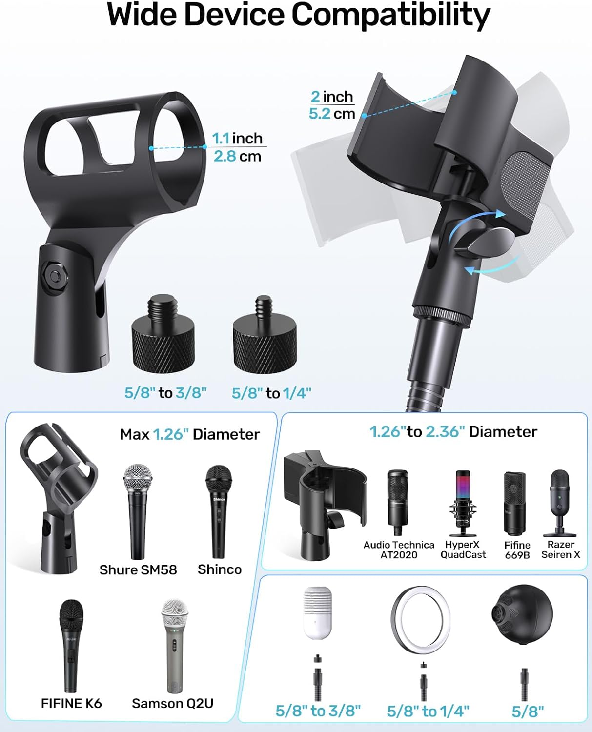 19-Inch Gooseneck Mic Stand for Desk - Clamp On Desktop Microphone Arm with Heavy-Duty Table Clip, 5/8" to 3/8" & 1/4" Adapters Included, Ideal for Podcast, Pulpit & Podium Mic Holder, Black
