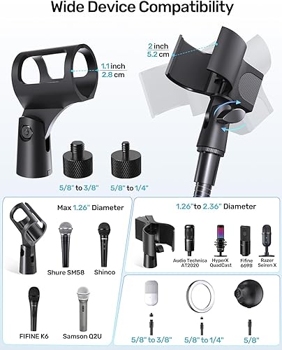 Miniatura 6 de 19-Inch Gooseneck Mic Stand for Desk - Clamp On Desktop Microphone Arm with Heavy-Duty Table Clip, 5/8" to 3/8" & 1/4" Adapters Included, Ideal for